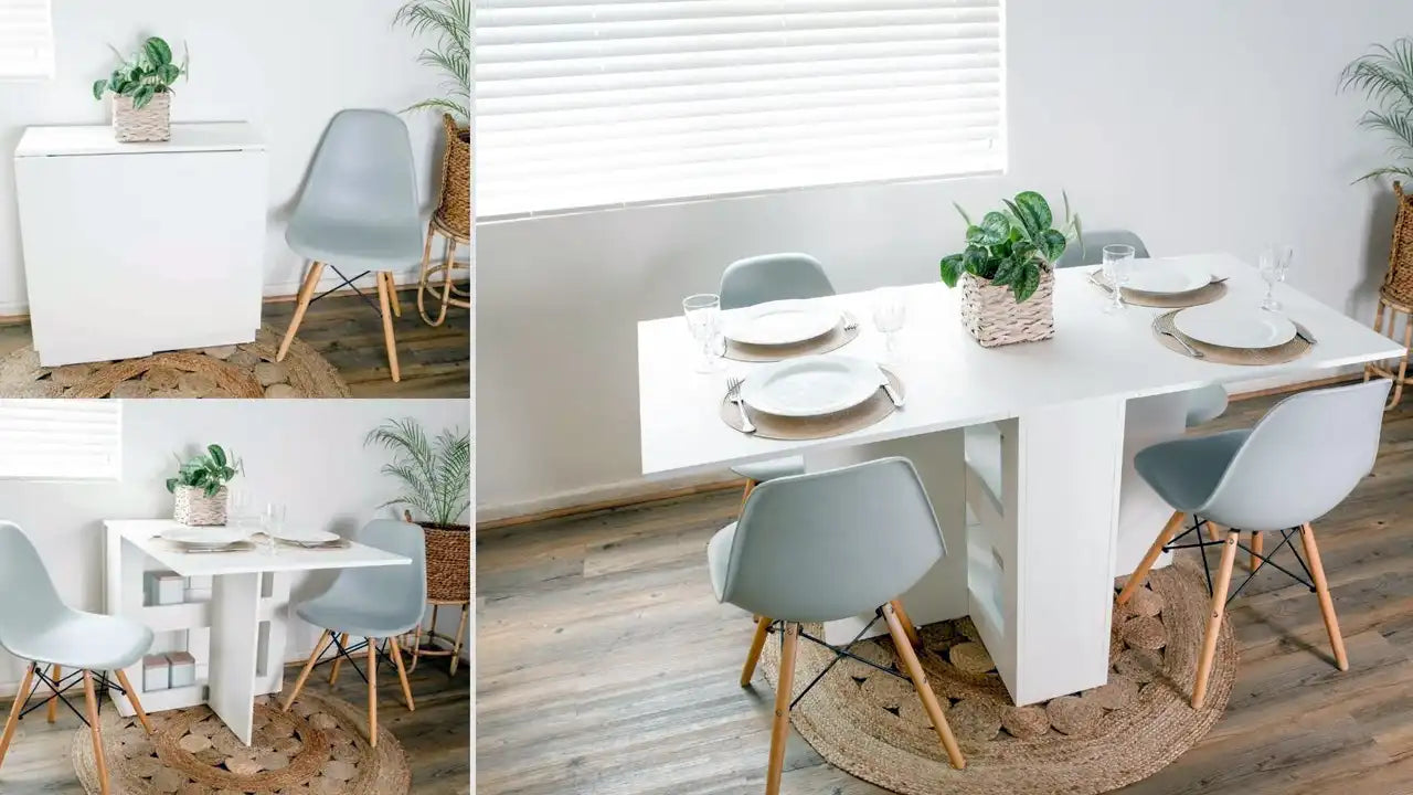 Modern white folding dining table setup with gray chairs, compact and space-saving design