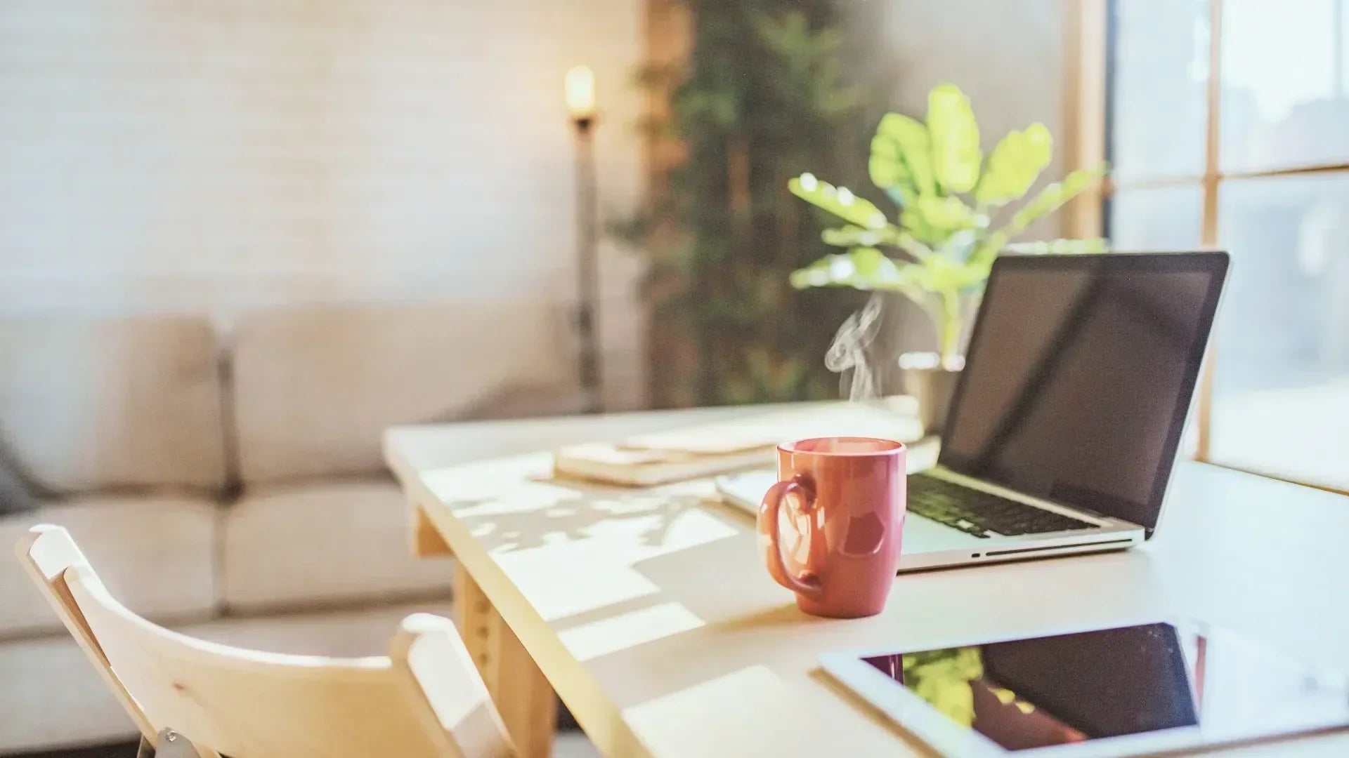 Bright minimalist home office with laptop, red coffee mug, and green plant on wooden desk