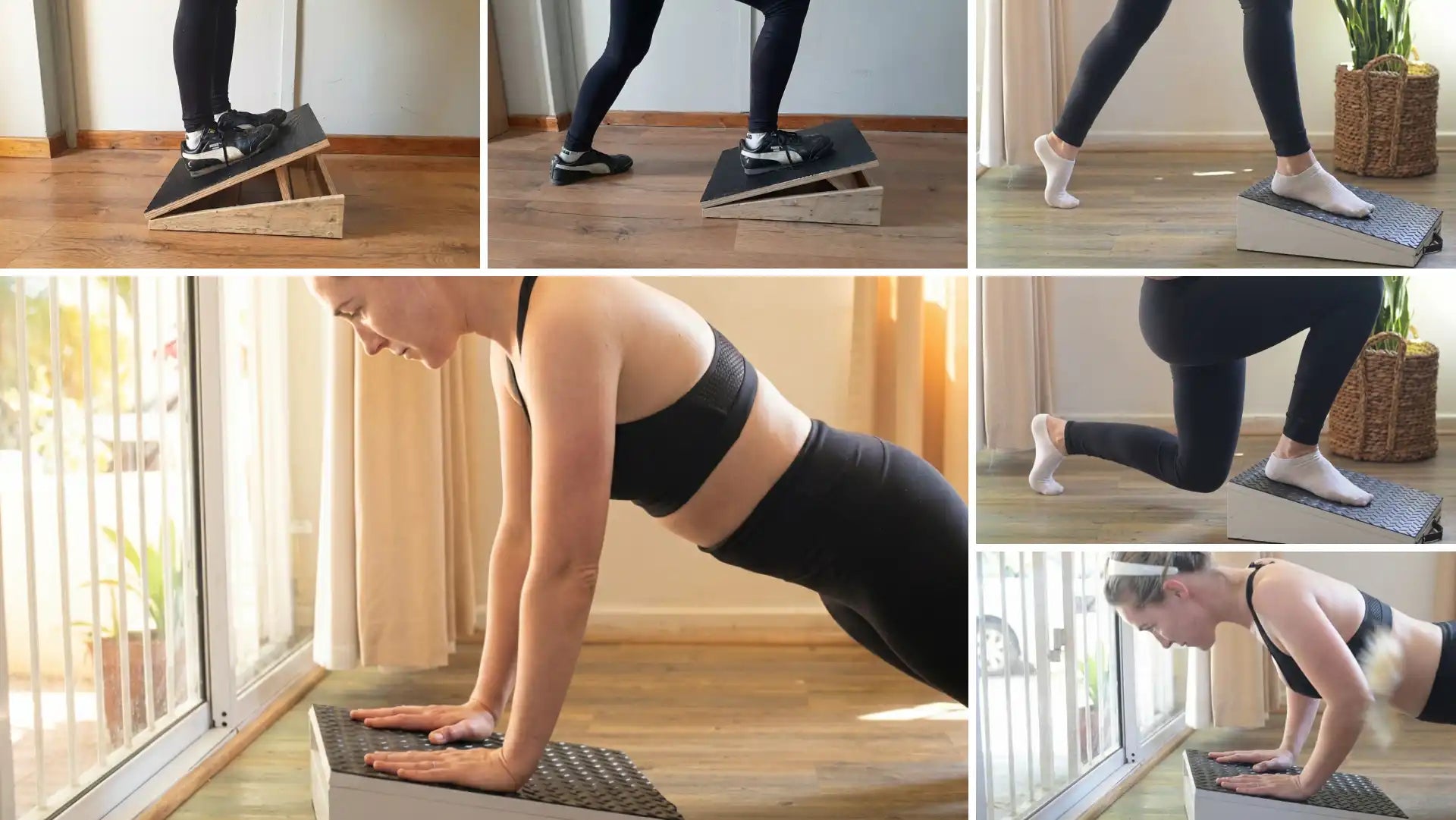 Collage of a woman using a portable slant board for home workouts, stretching, and strength exercises.