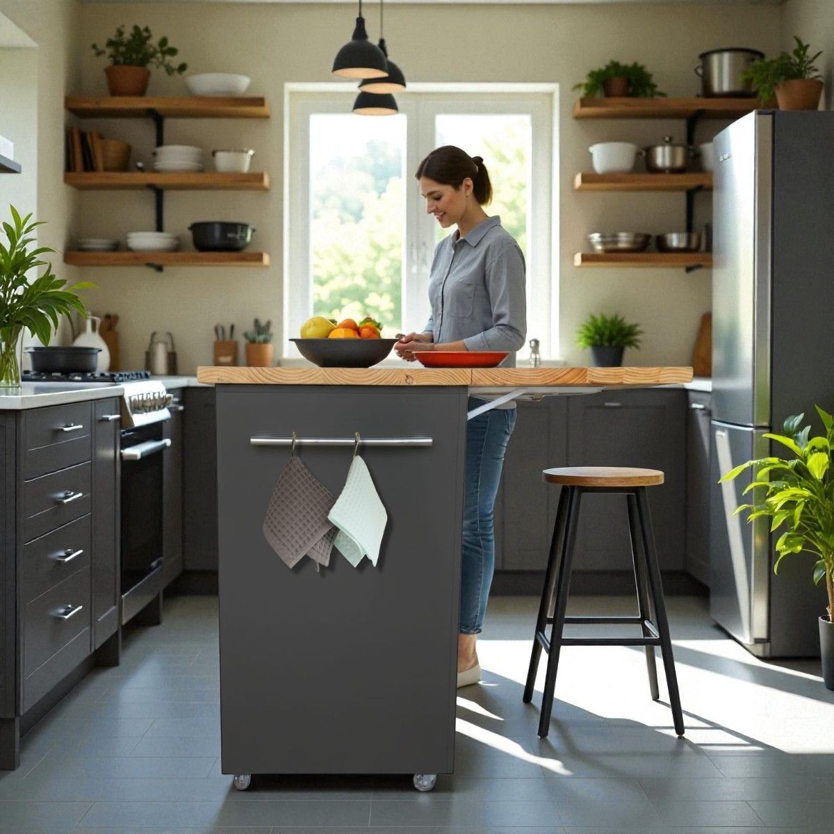 Small Kitchen Island on Wheels with Fold-Out Table & Shelves