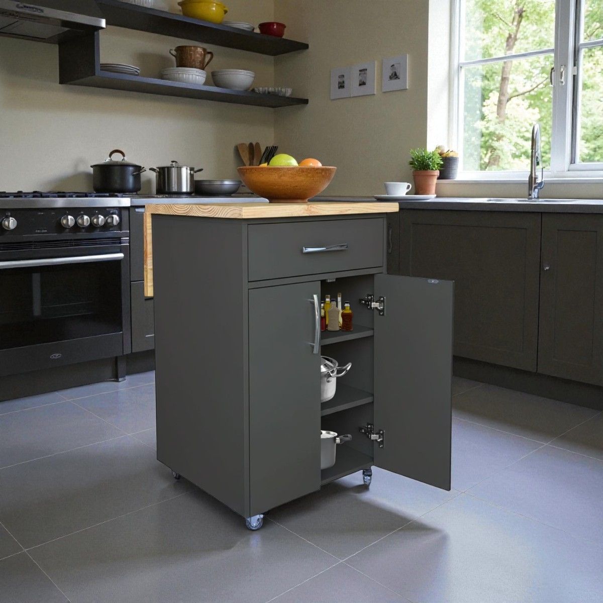 Small Kitchen Island on Wheels with Fold-Out Table & Shelves