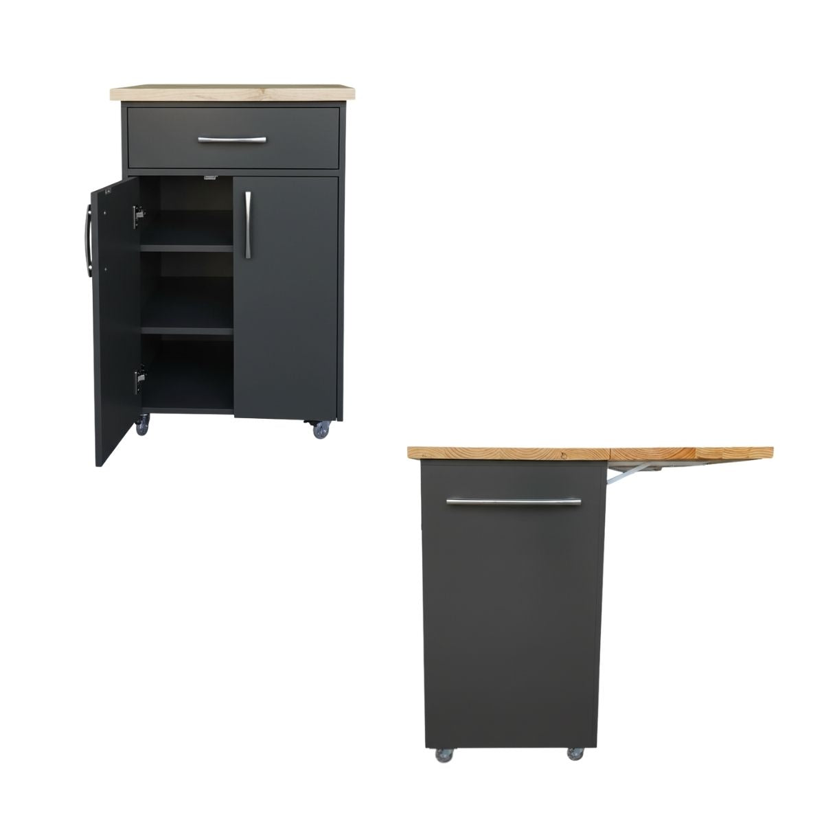 Small Kitchen Island on Wheels with Fold-Out Table & Shelves