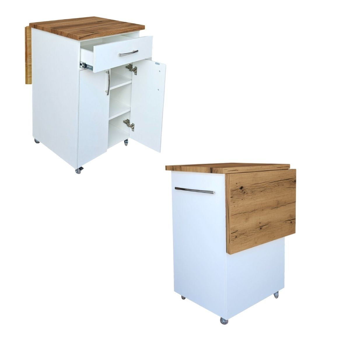 Small Kitchen Island on Wheels with Fold-Out Table & Shelves