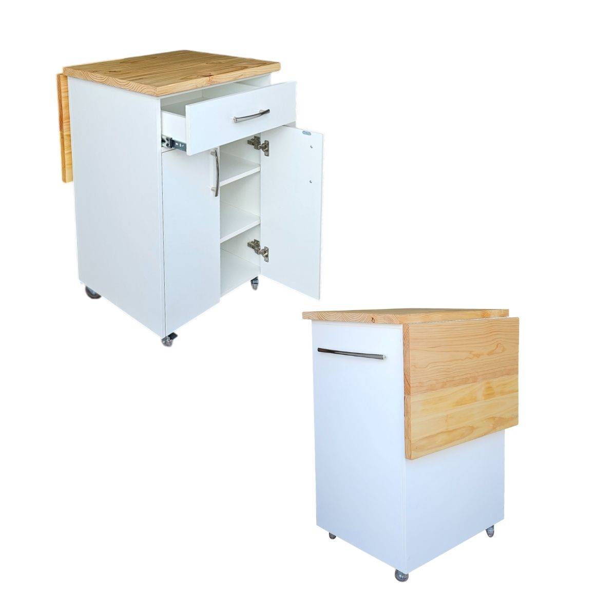 Small Kitchen Island on Wheels with Fold-Out Table & Shelves