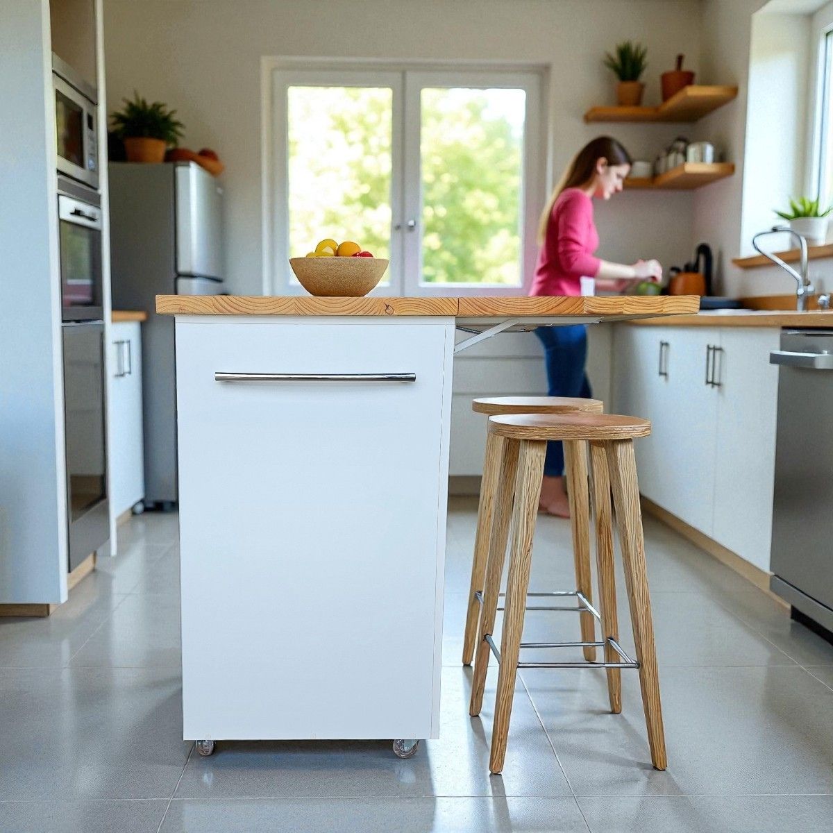 Small Kitchen Island on Wheels with Fold-Out Table & Shelves