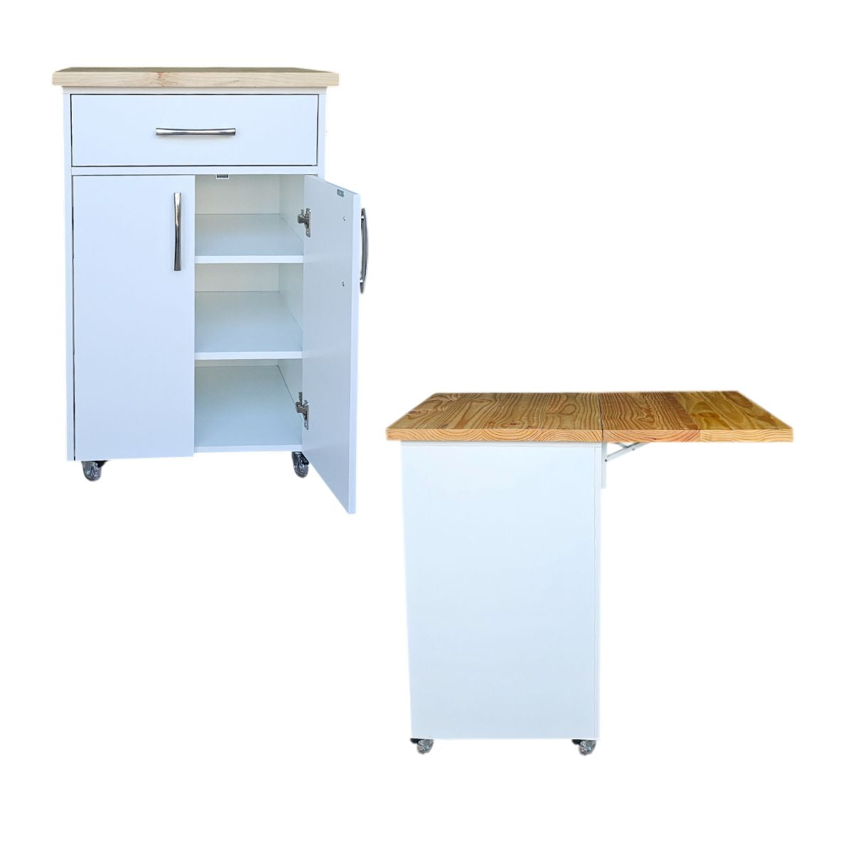 Small Kitchen Island on Wheels with Fold-Out Table & Shelves