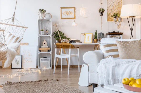 Modern small apartment living room with multifunctional furniture, cozy decor, and natural light