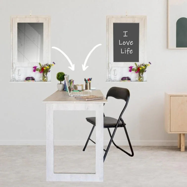 Modern foldable wall-mounted desk and chair in a small, stylish apartment workspace