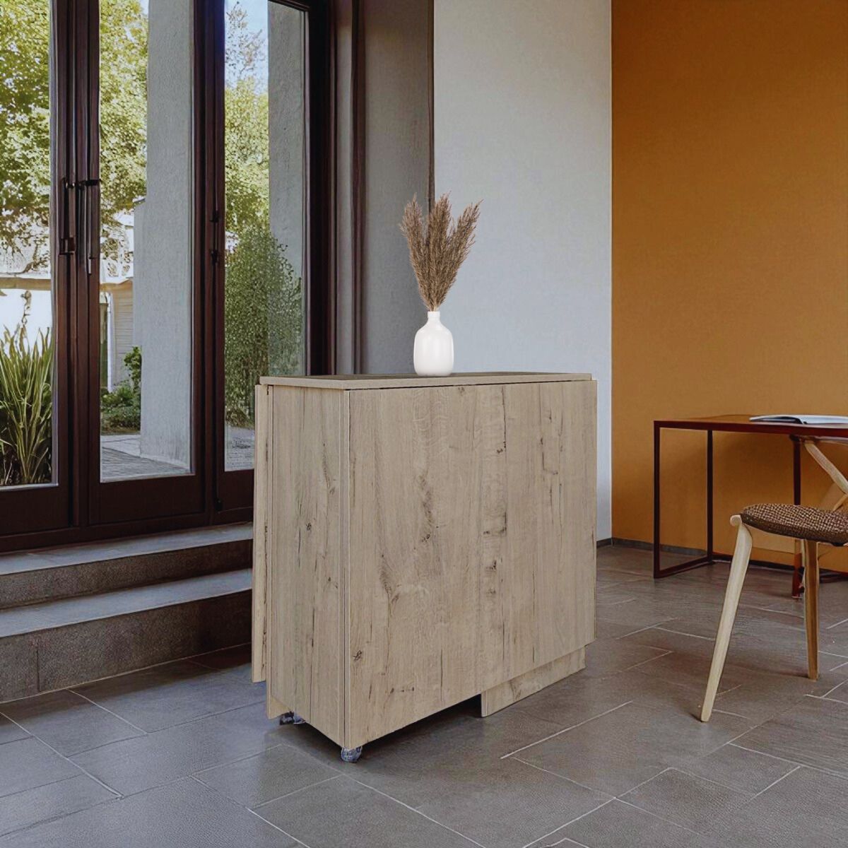 Folding 4 In 1 Console Table With Wheels - Rustic Wood