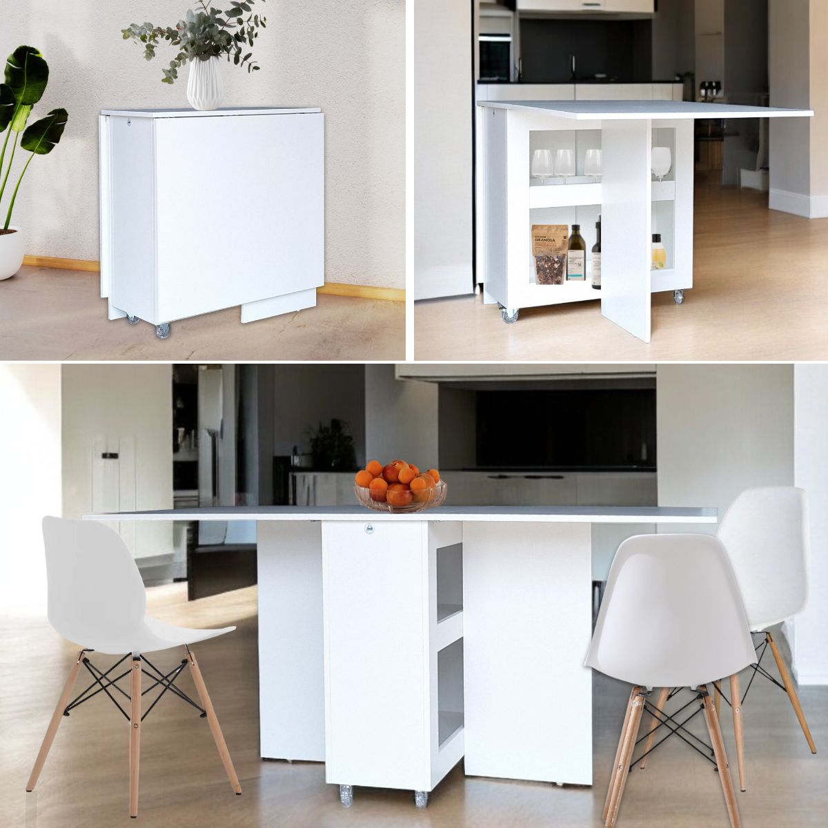 Folding 4 In 1 Console Table With Wheels - White