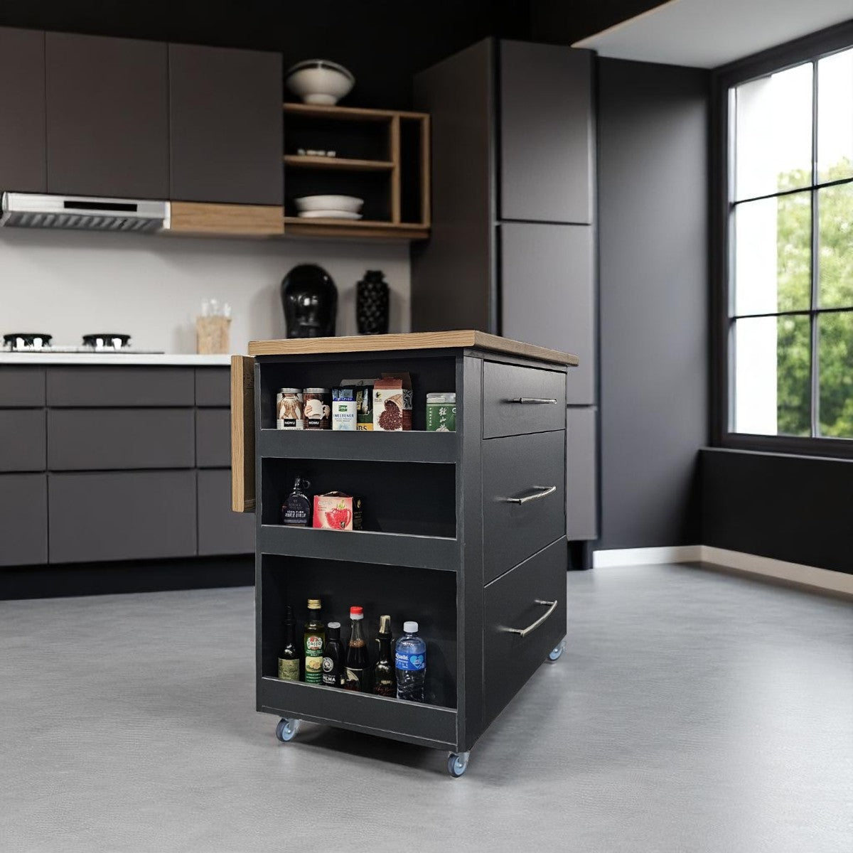 Kitchen Island with Fold Out Table and Drawers 100cm - Midnight Kalahari