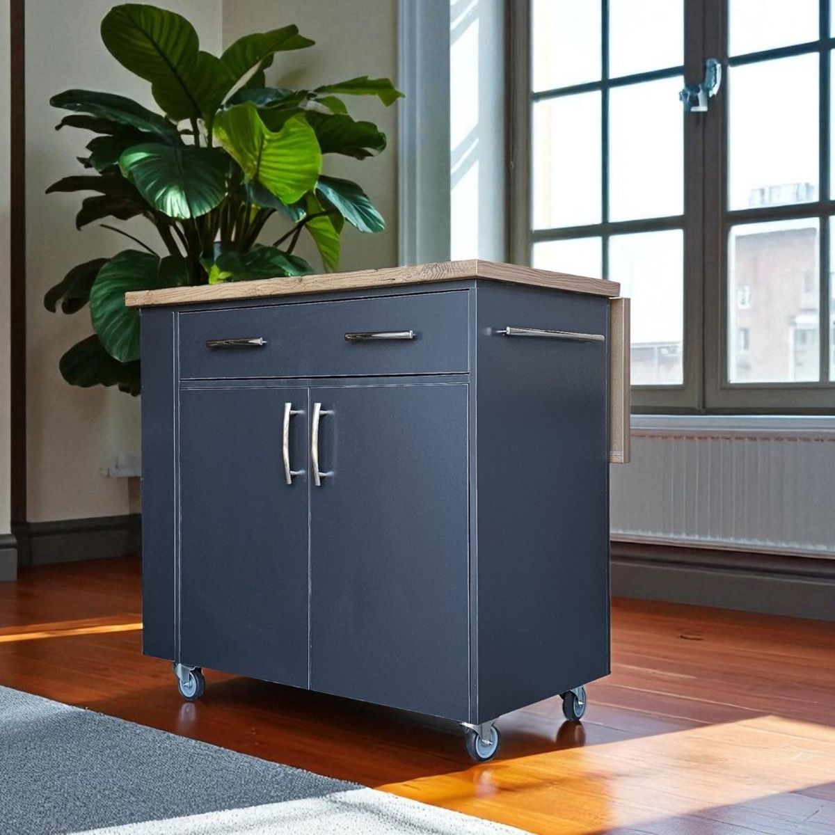 SpaceSave Kitchen Island with Wheels and Fold-Out Table - Midnight/Kalahari