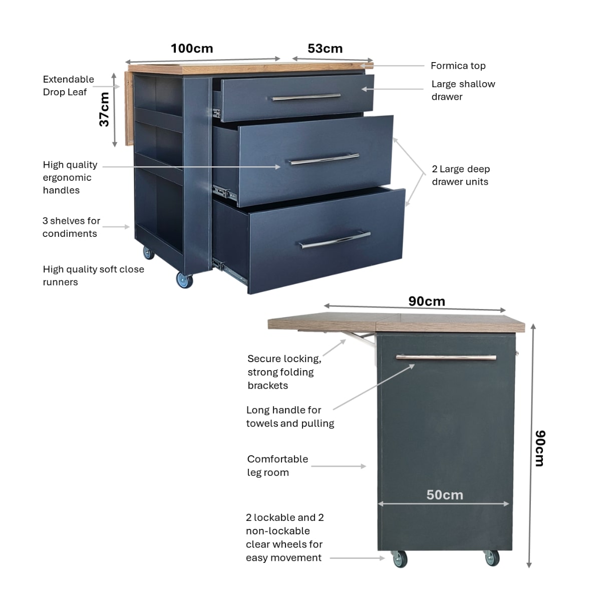 Kitchen Island with Fold Out Table and Drawers 100cm - Dimensions