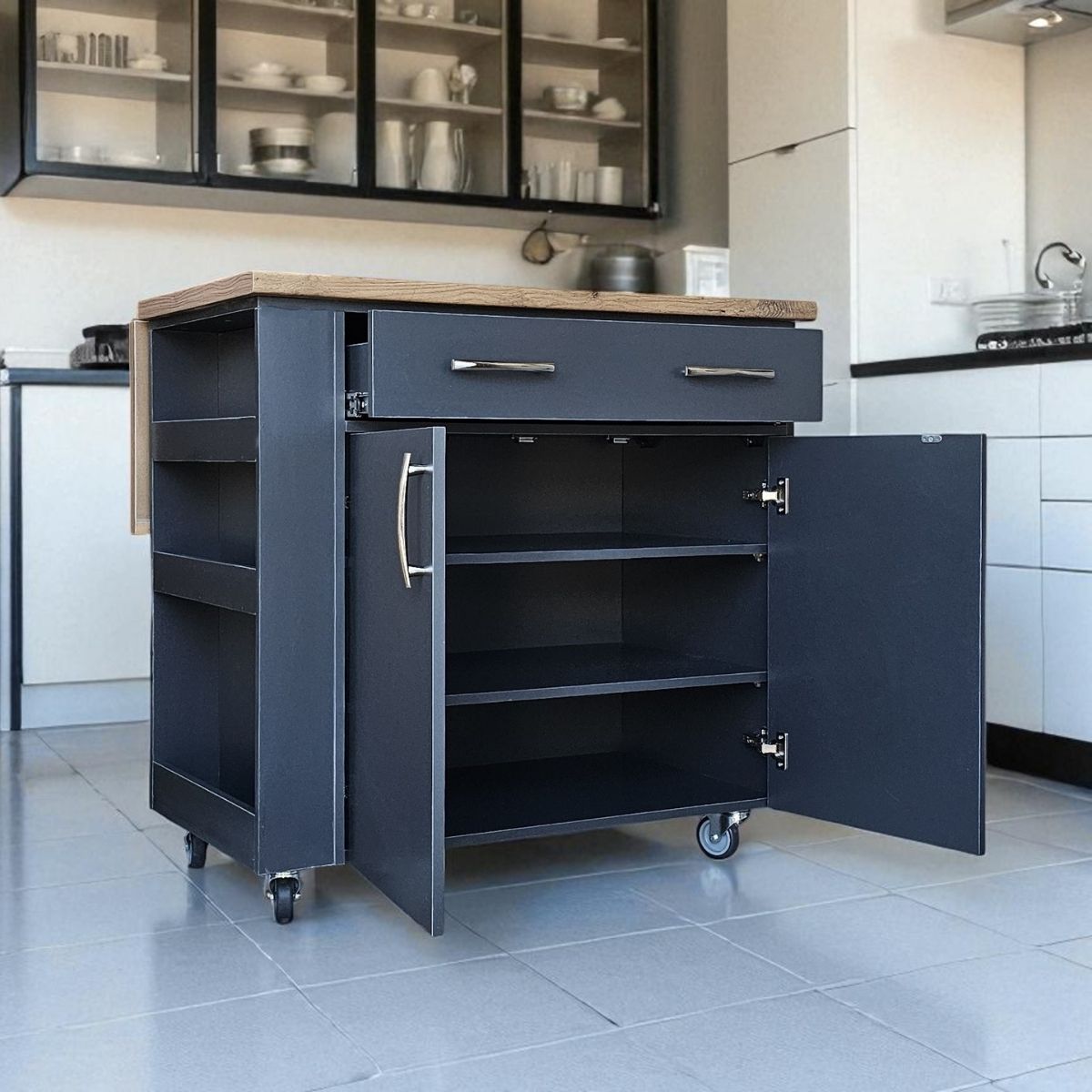 SpaceSave Kitchen Island with Wheels and Fold-Out Table - Midnight/Kalahari