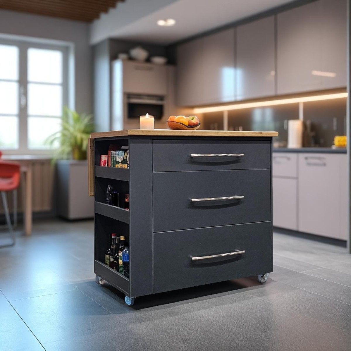 Kitchen Island with Fold Out Table and Drawers 100cm - Midnight Kalahari