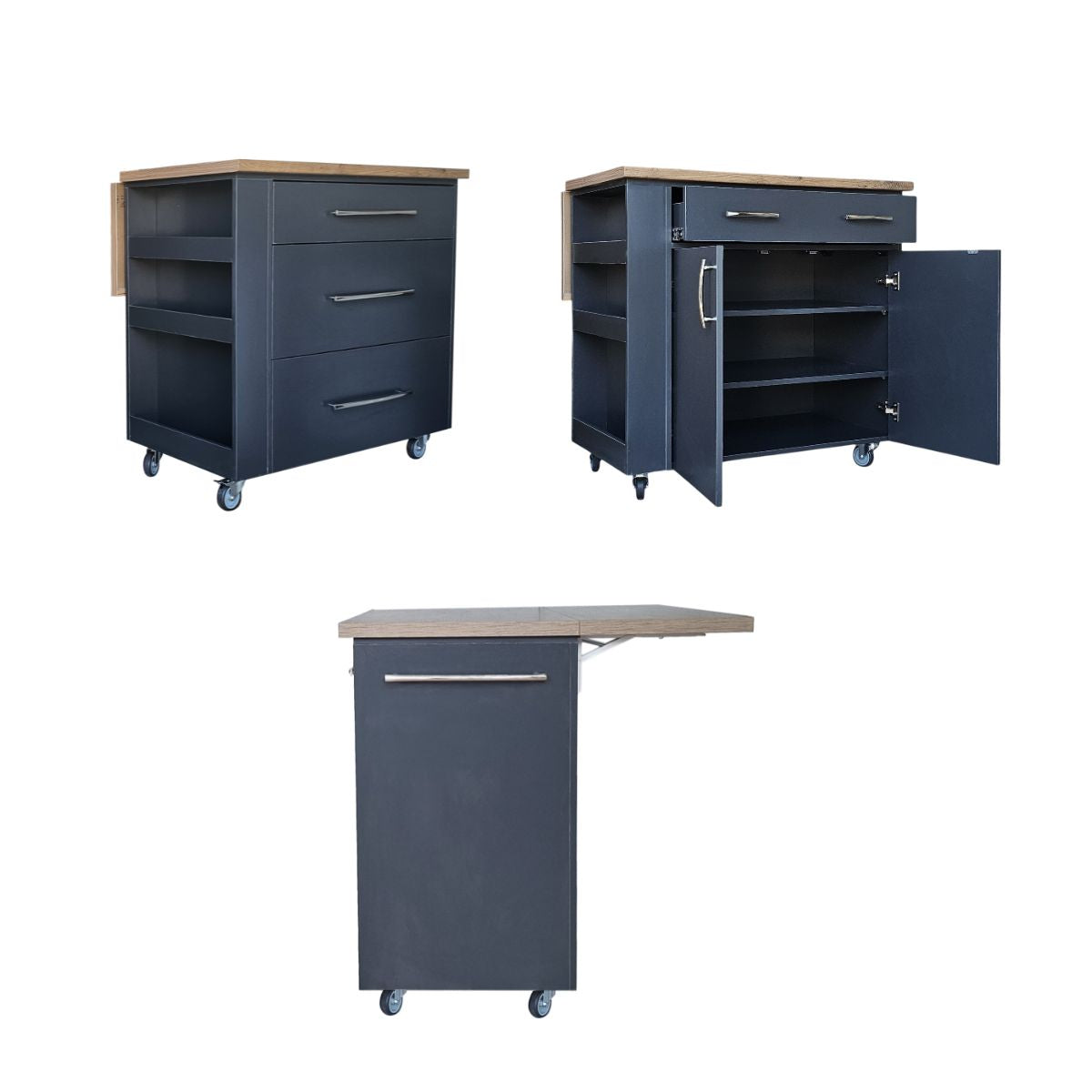 SpaceSave Kitchen Island with Wheels and Fold-Out Table - Midnight/Kalahari