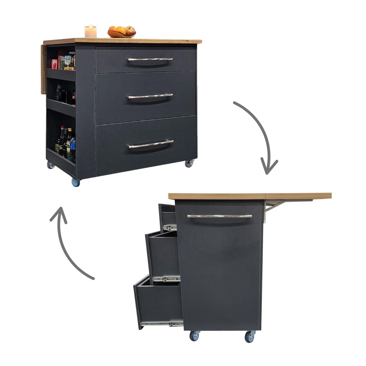 Kitchen Island with Fold Out Table and Drawers 100cm - Midnight Kalahari