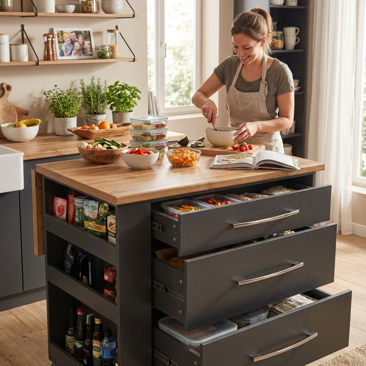Large Kitchen Island on Wheels with Fold-Out Table and Drawers