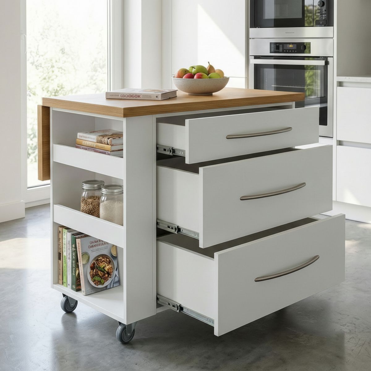 Large Kitchen Island on Wheels with Fold-Out Table and Drawers
