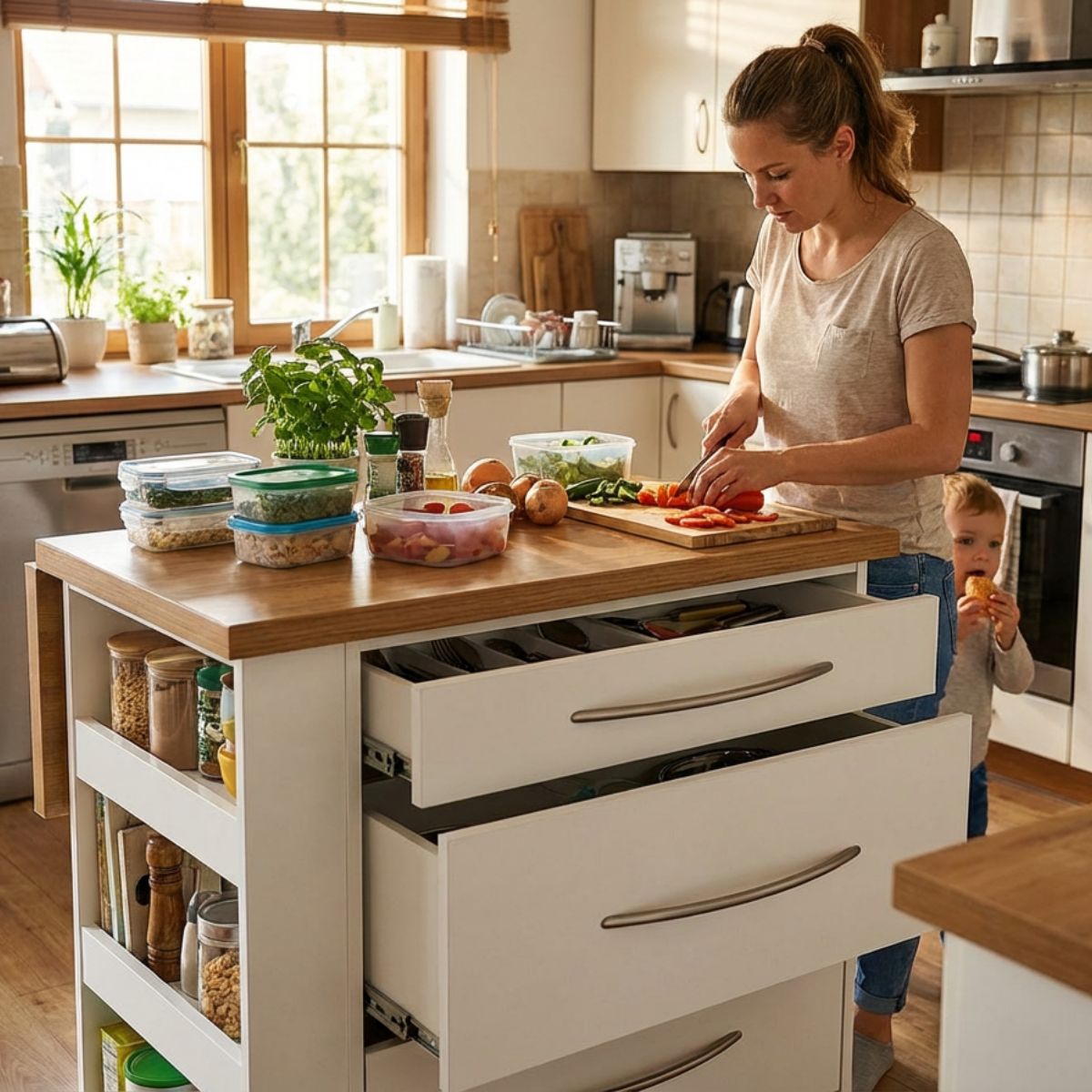 Large Kitchen Island on Wheels with Fold-Out Table and Drawers