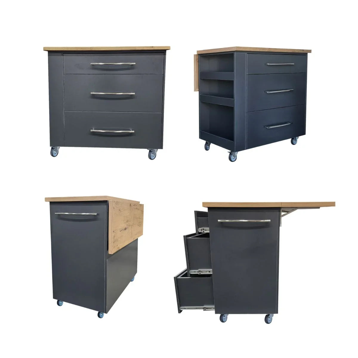 Modern kitchen island with drawers, shelves, wood top, and wheels for space-saving storage