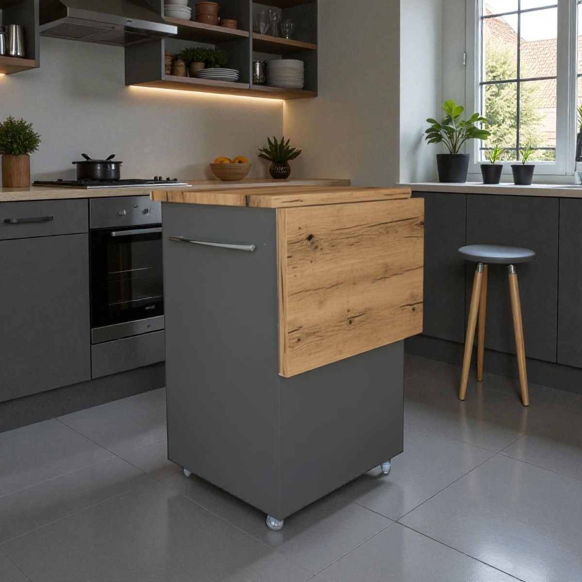 Small Kitchen Island on Wheels with Fold-Out Table & Shelves