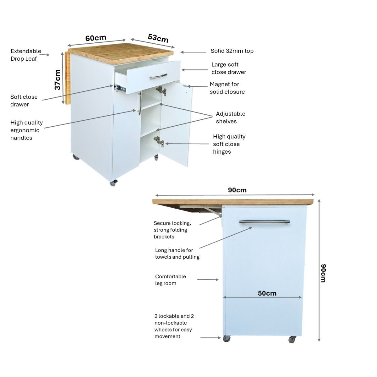Small Kitchen Island on Wheels with Fold-Out Table & Shelves