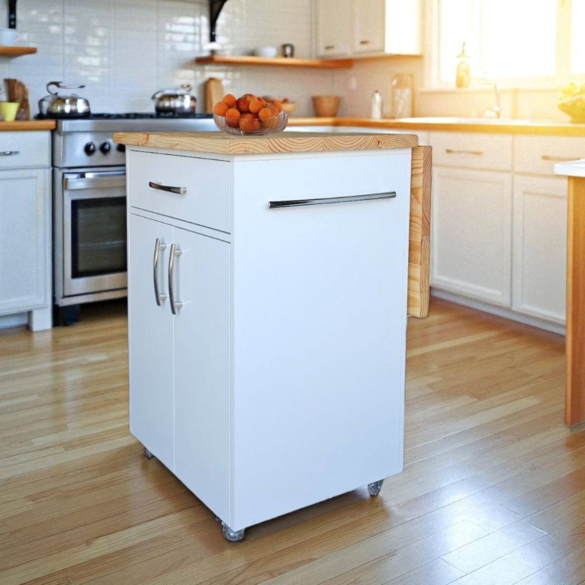 Small Kitchen Island on Wheels with Fold-Out Table & Shelves