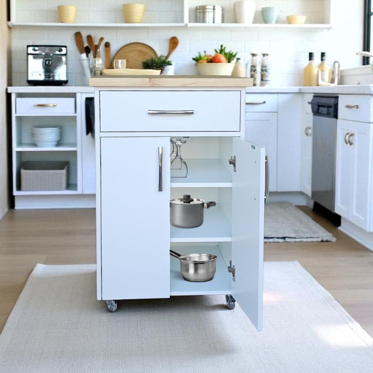 Small Kitchen Island on Wheels with Fold-Out Table & Shelves