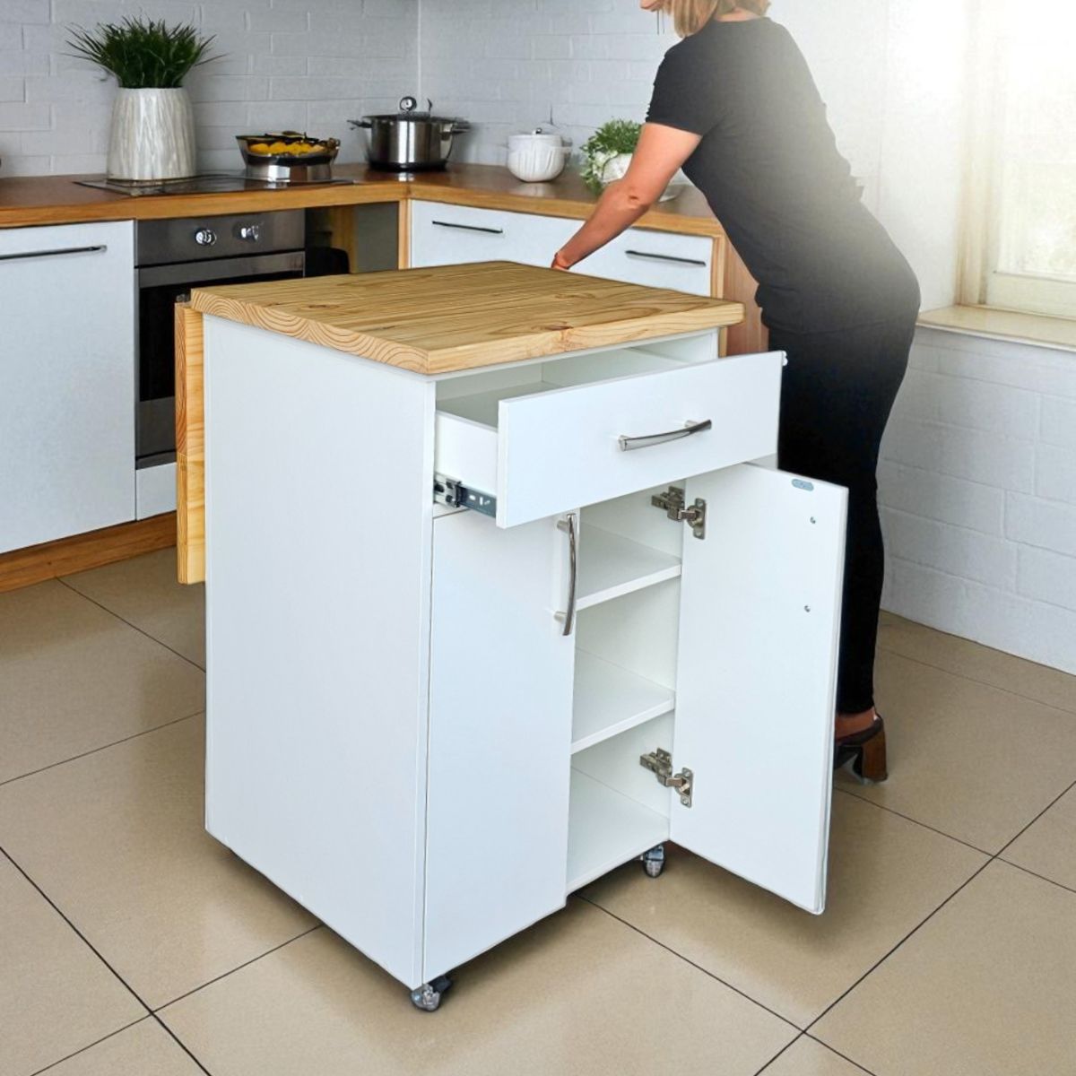 Small Kitchen Island on Wheels with Fold-Out Table & Shelves