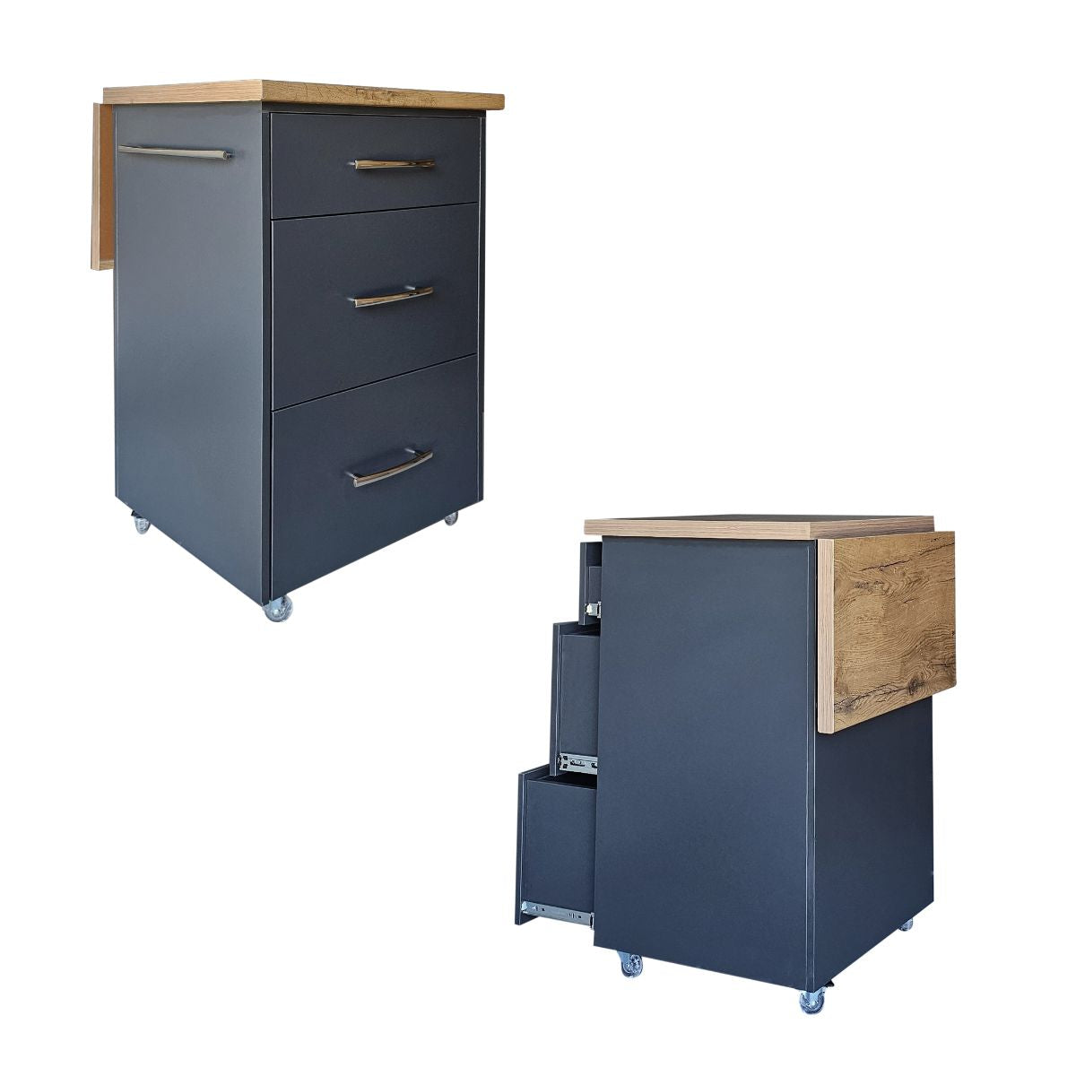 Small Kitchen Island on Wheels with Fold-Out Table & Drawers