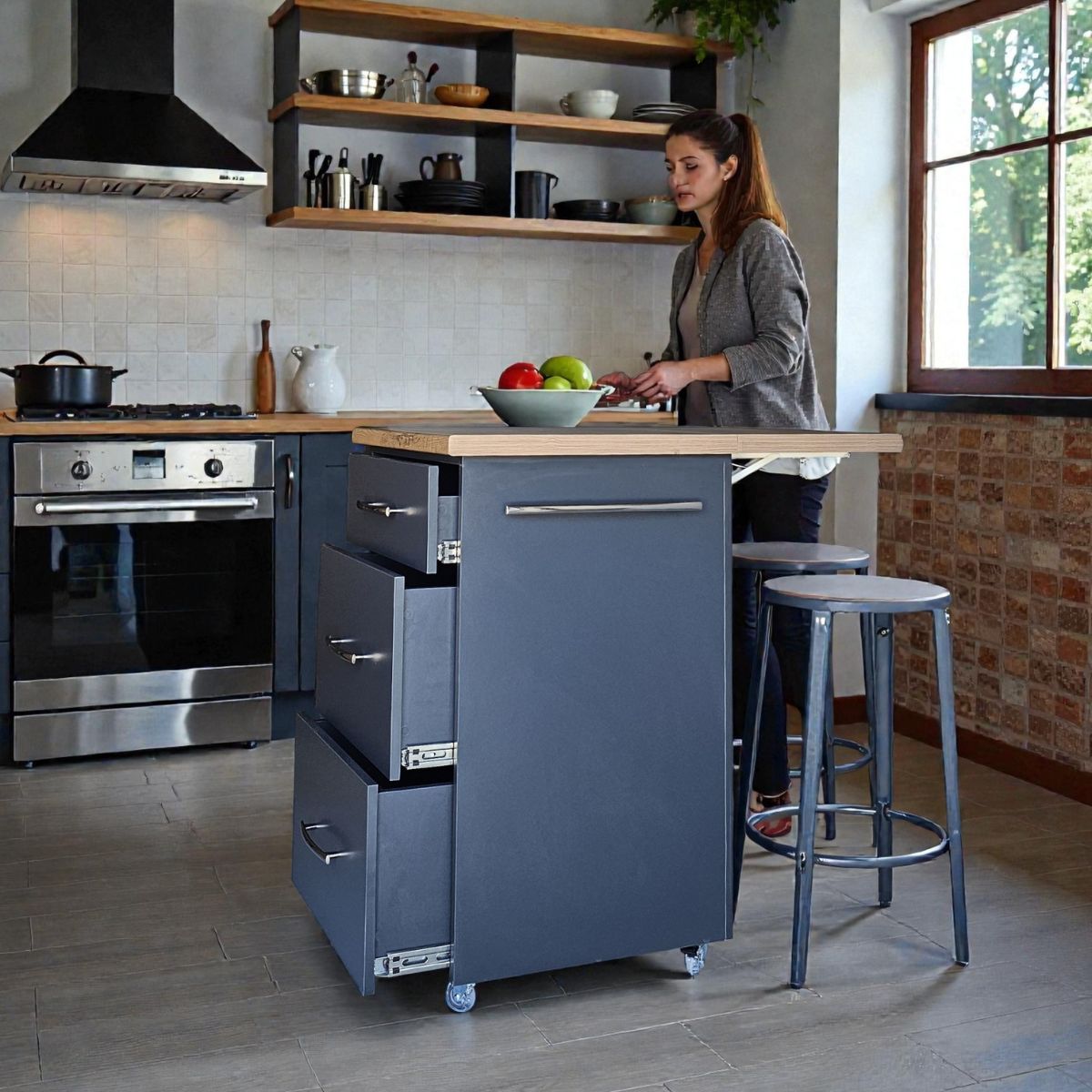 Small Kitchen Island on Wheels with Fold-Out Table & Drawers