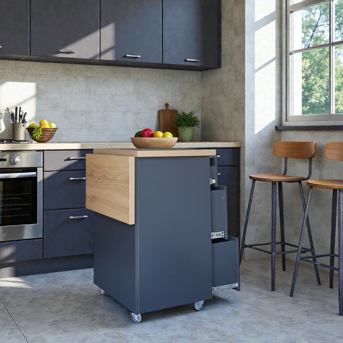 Small Kitchen Island on Wheels with Fold-Out Table & Drawers