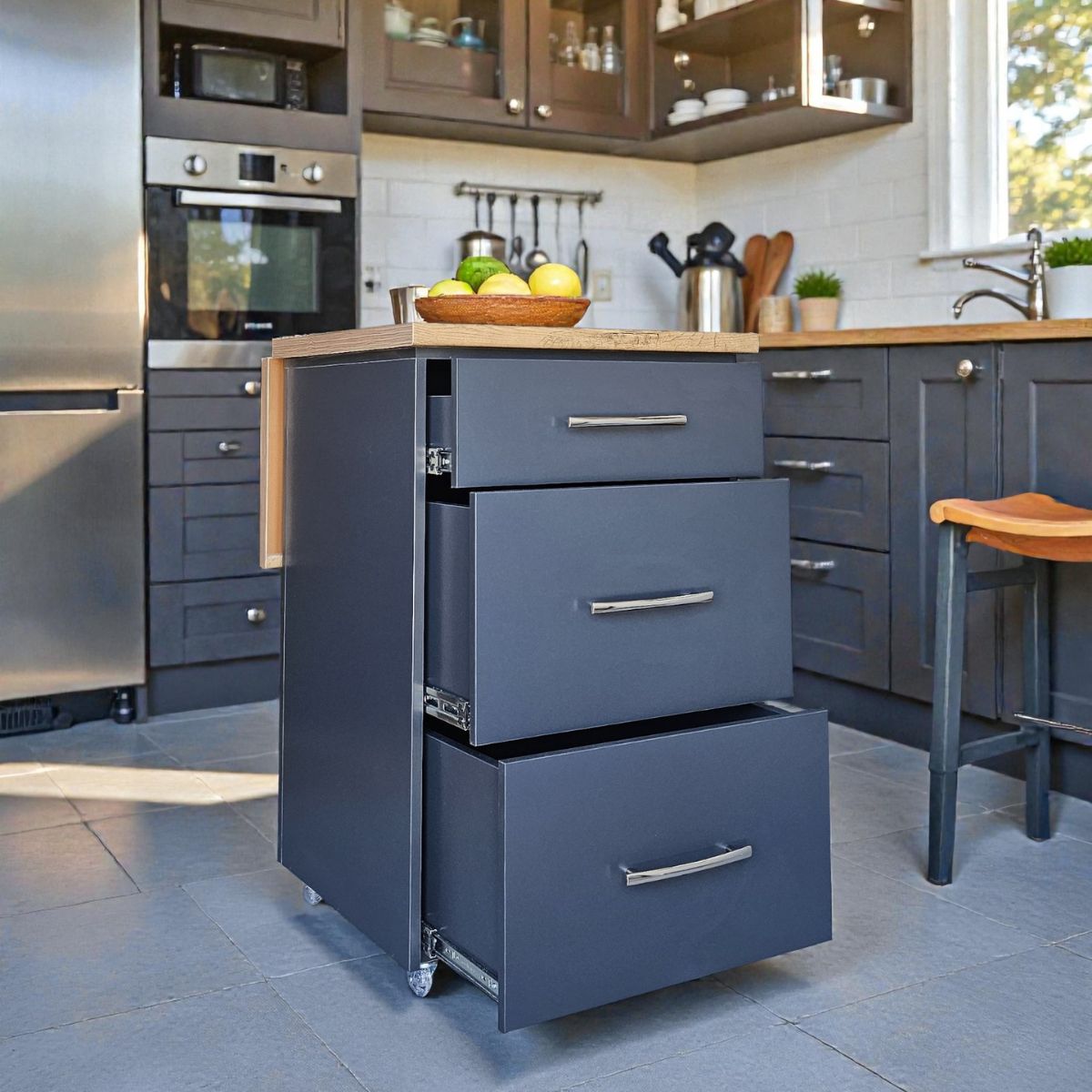 Small Kitchen Island on Wheels with Fold-Out Table & Drawers