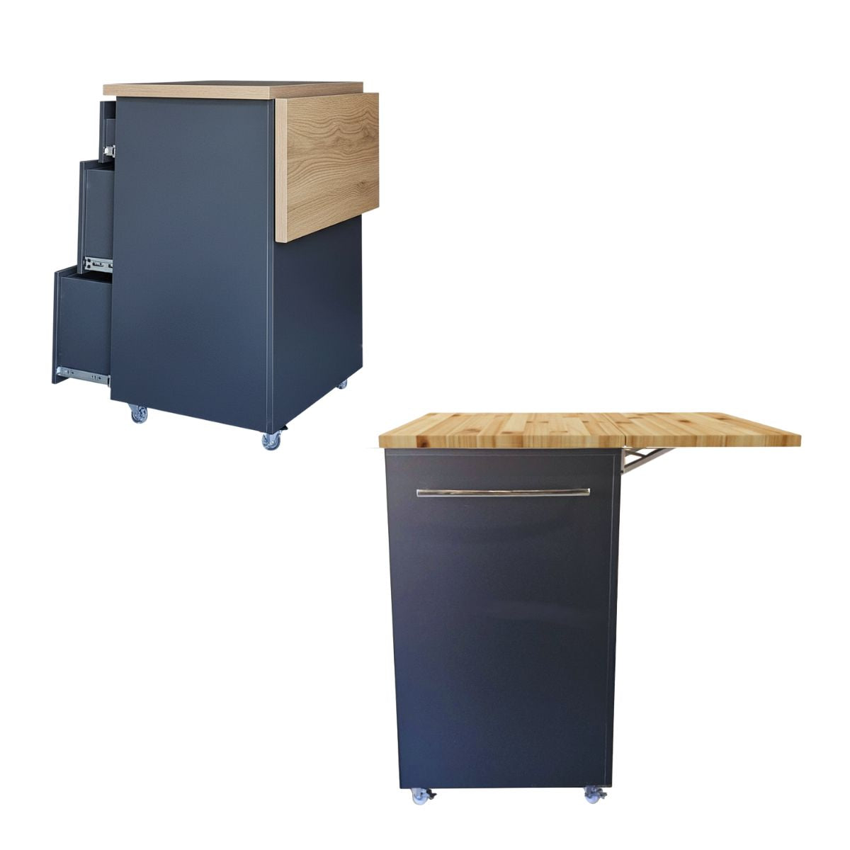 Small Kitchen Island on Wheels with Fold-Out Table & Drawers