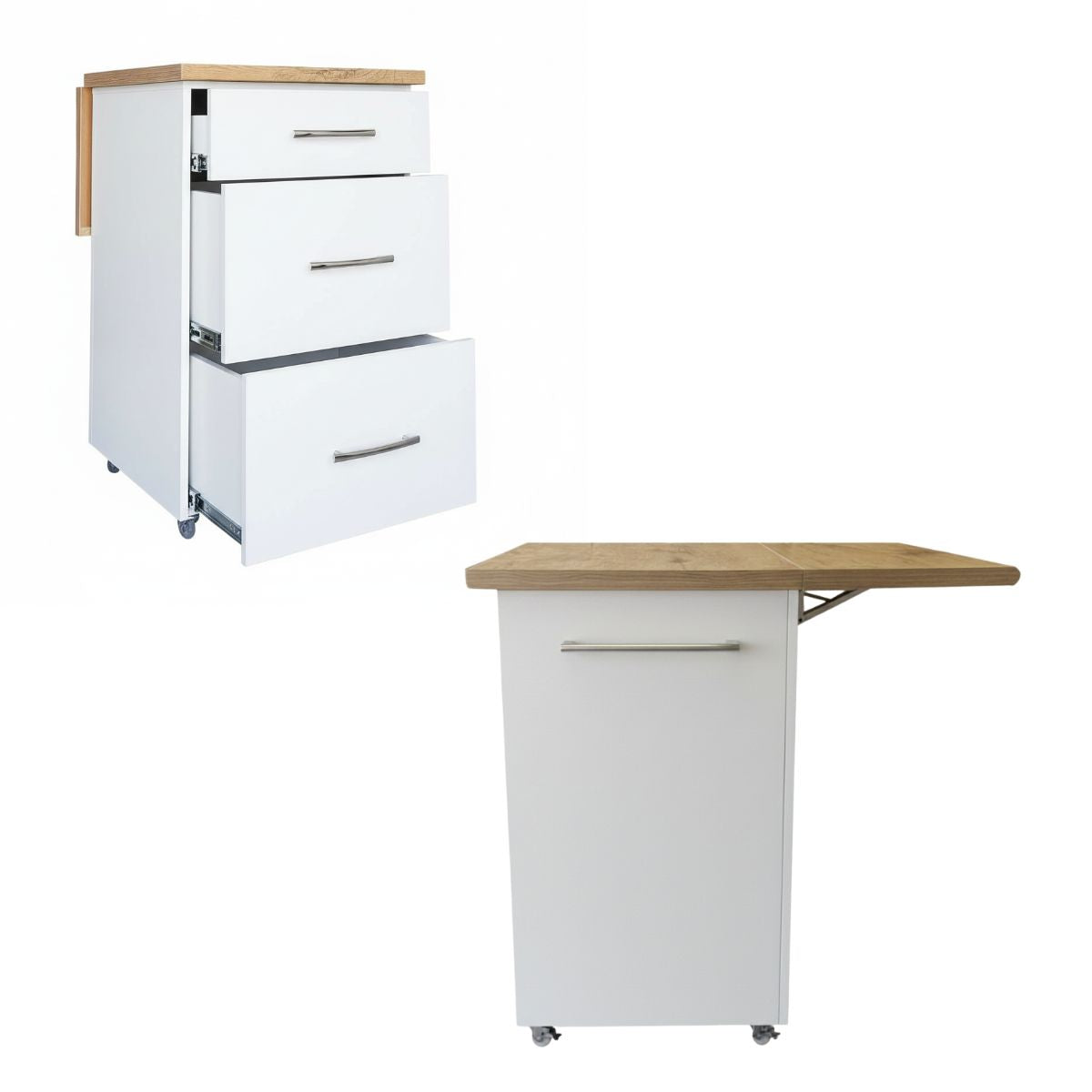 Small Kitchen Island on Wheels with Fold-Out Table & Drawers