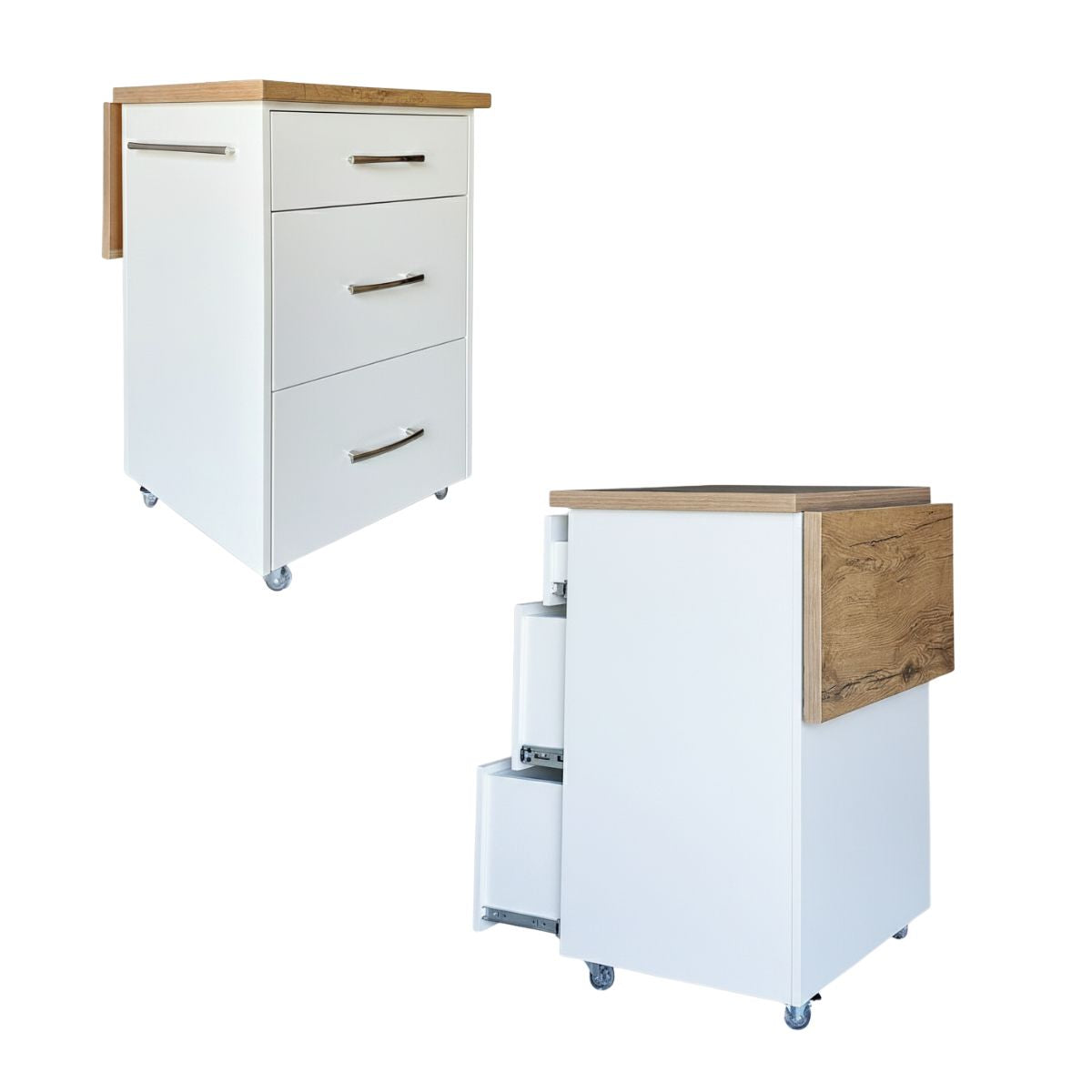 Small Kitchen Island on Wheels with Fold-Out Table & Drawers