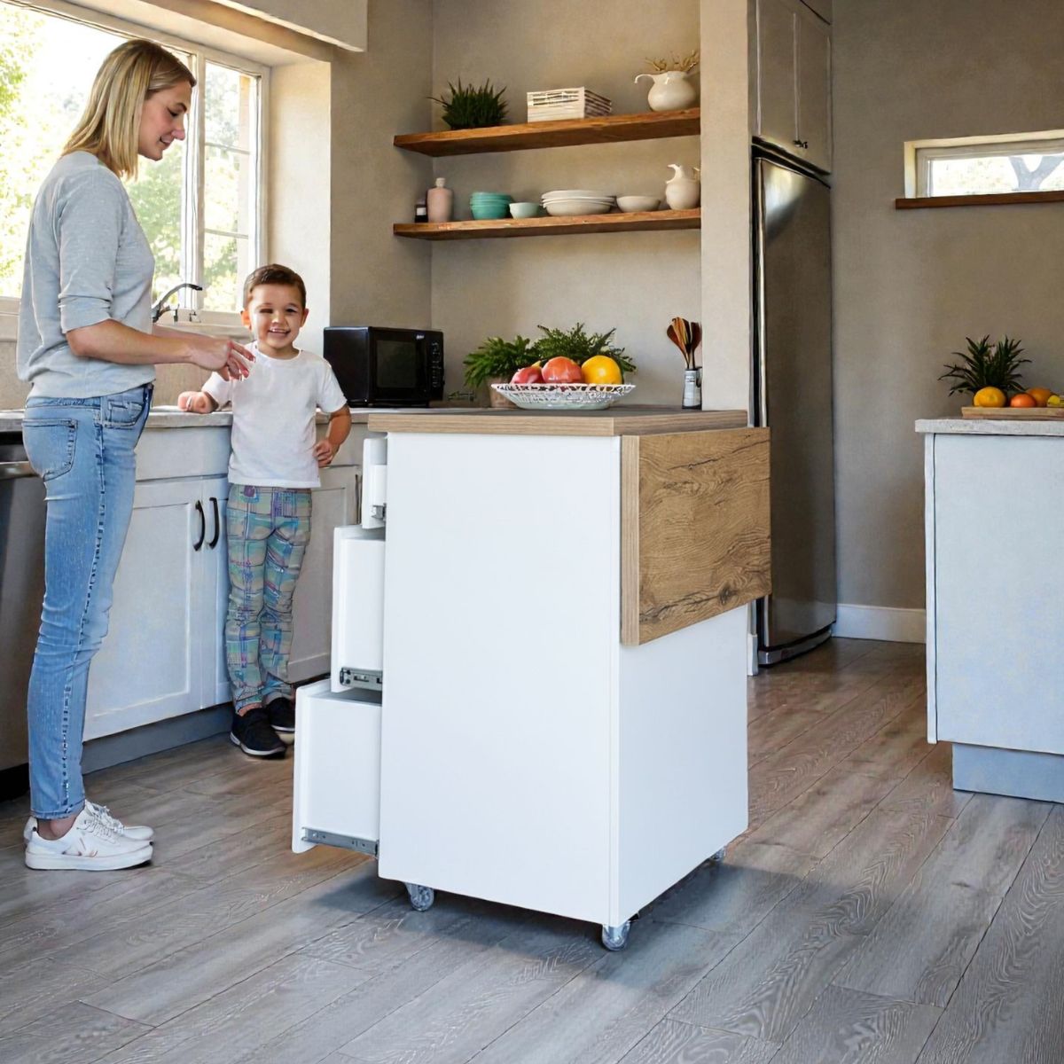 Small Kitchen Island on Wheels with Fold-Out Table & Drawers