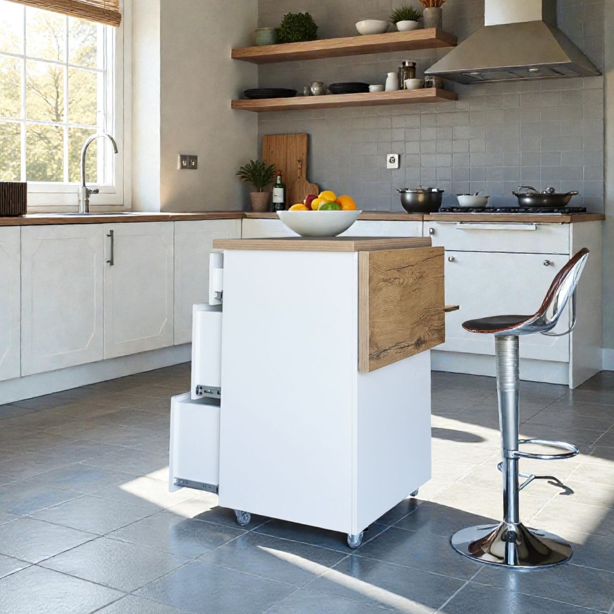 Small Kitchen Island on Wheels with Fold-Out Table & Drawers