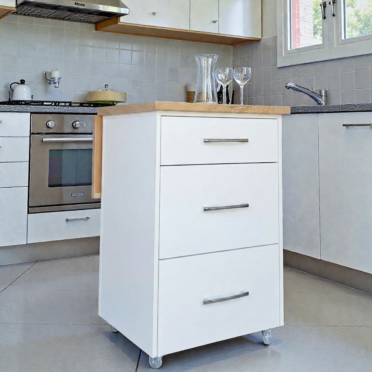 Small Kitchen Island on Wheels with Fold-Out Table & Drawers