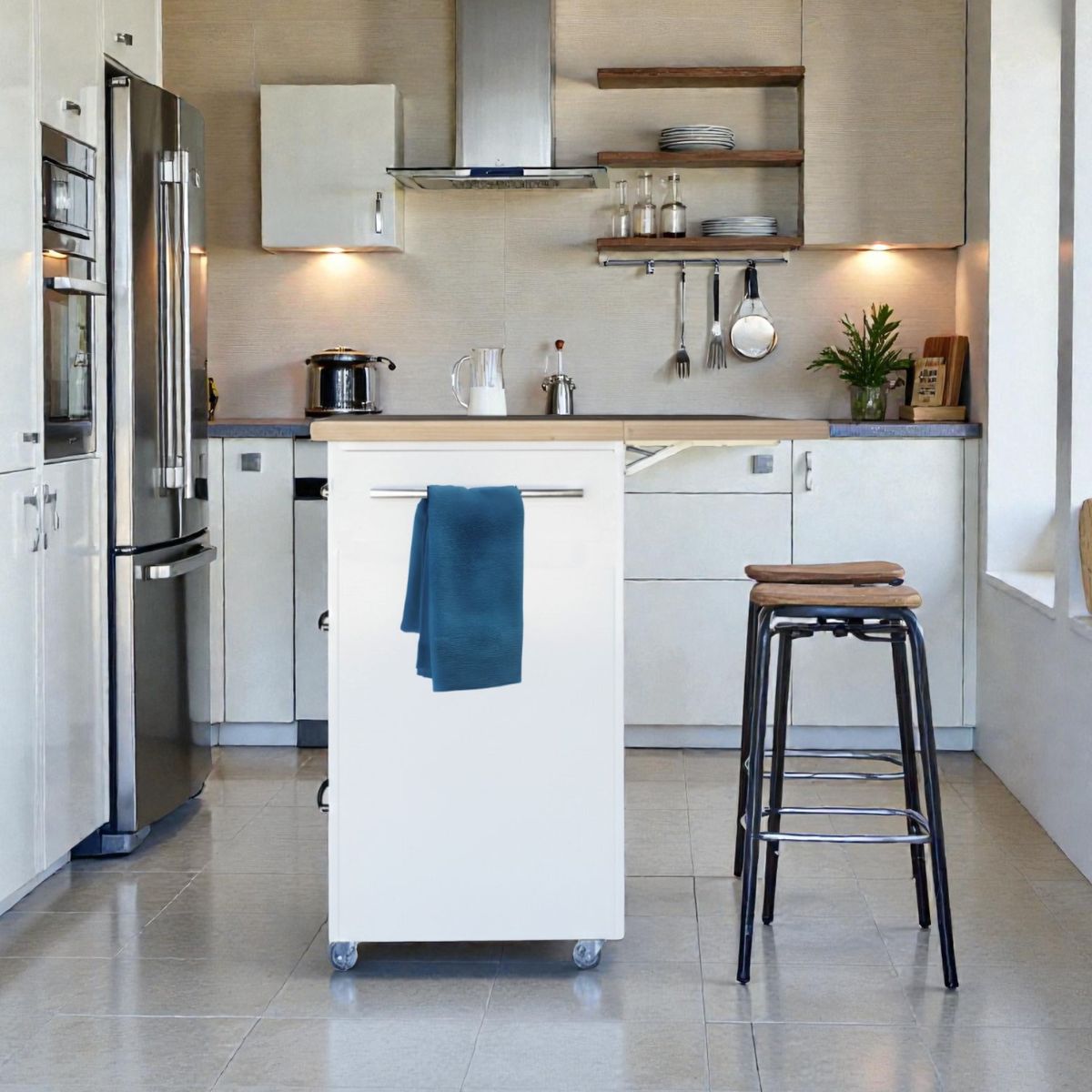 Small Kitchen Island on Wheels with Fold-Out Table & Drawers