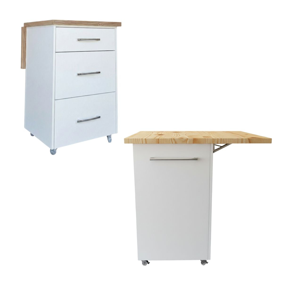 Small Kitchen Island on Wheels with Fold-Out Table & Drawers