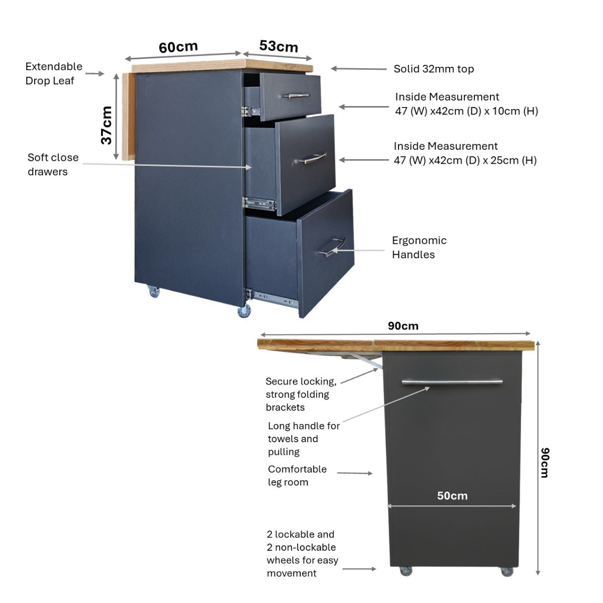 Small Kitchen Island on Wheels with Fold-Out Table & Drawers