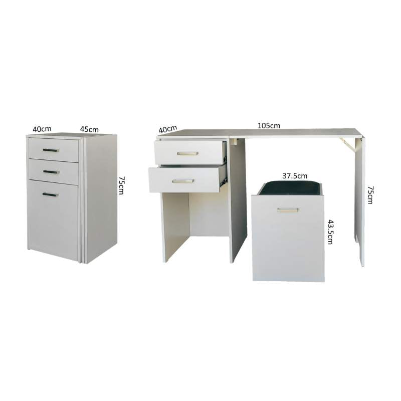Versa Combo Drawer Desk with Ottoman Chair and Fold-Out Table - Dimensions