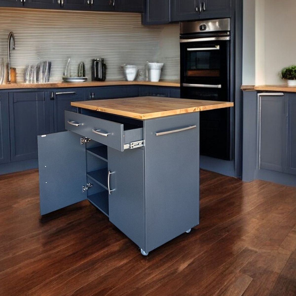 SpaceSave Kitchen Island with Wheels and Fold-Out Table - Midnight/Pine (Natural)