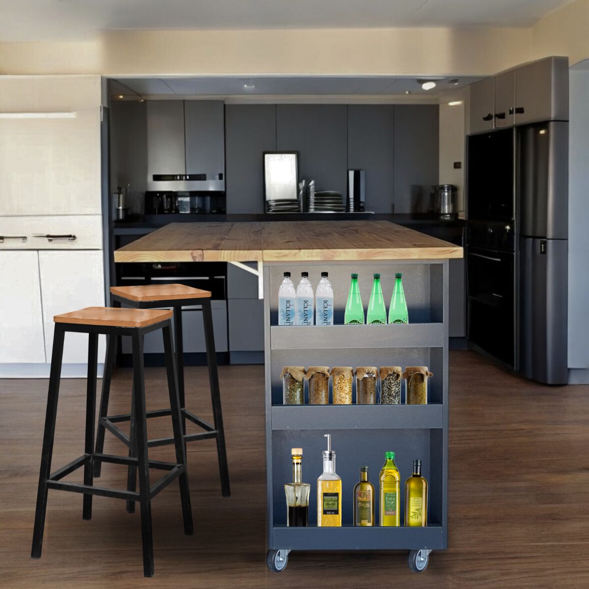 SpaceSave Kitchen Island with Wheels and Fold-Out Table - Midnight/Pine (Natural)