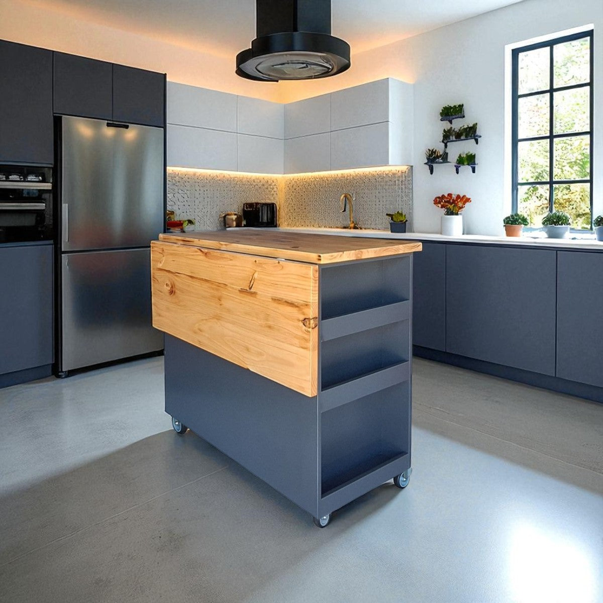 SpaceSave Kitchen Island with Wheels and Fold-Out Table - Midnight/Pine (Natural)