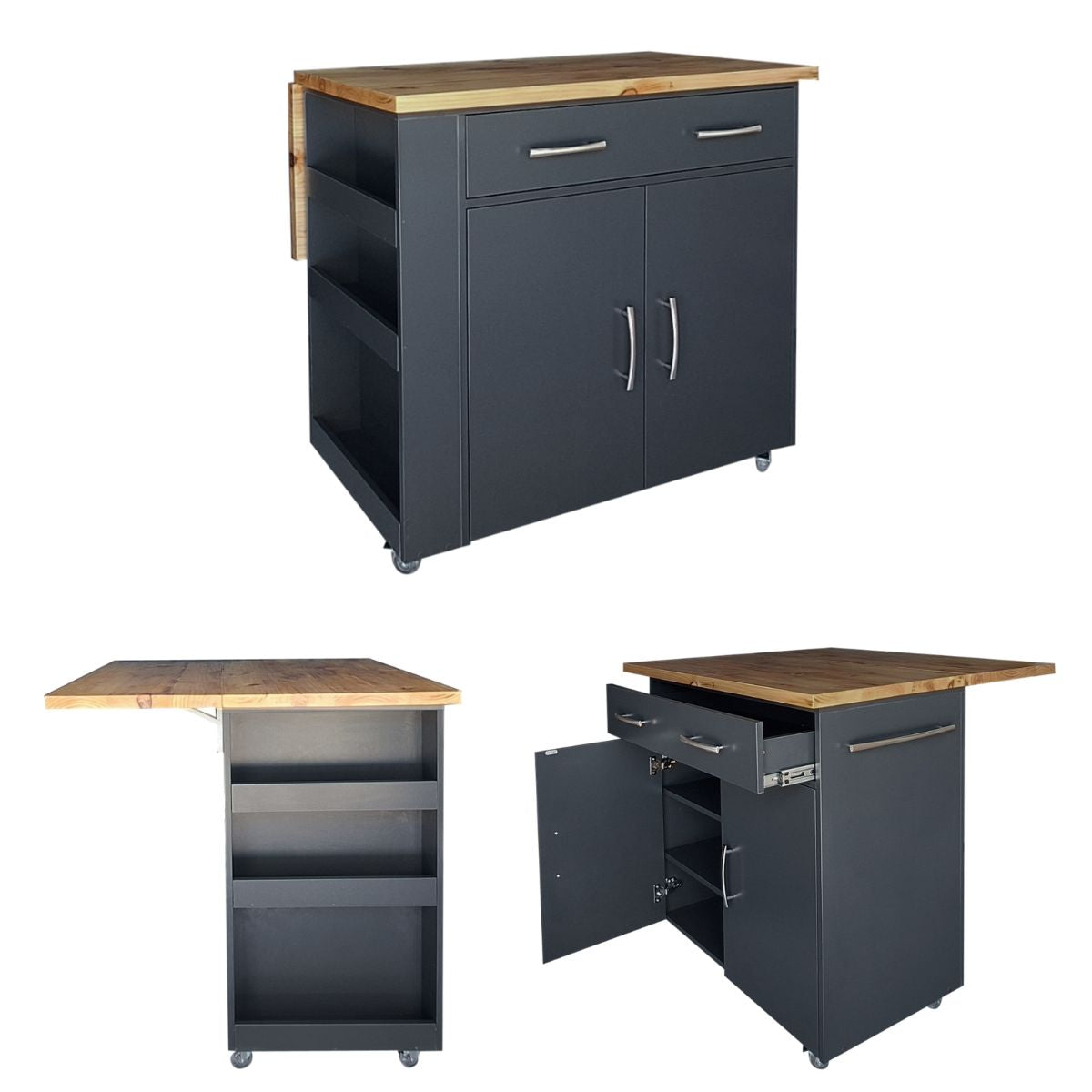 SpaceSave Large Kitchen Island with Wheels and Fold-Out Table - Midnight/Pine (Natural)