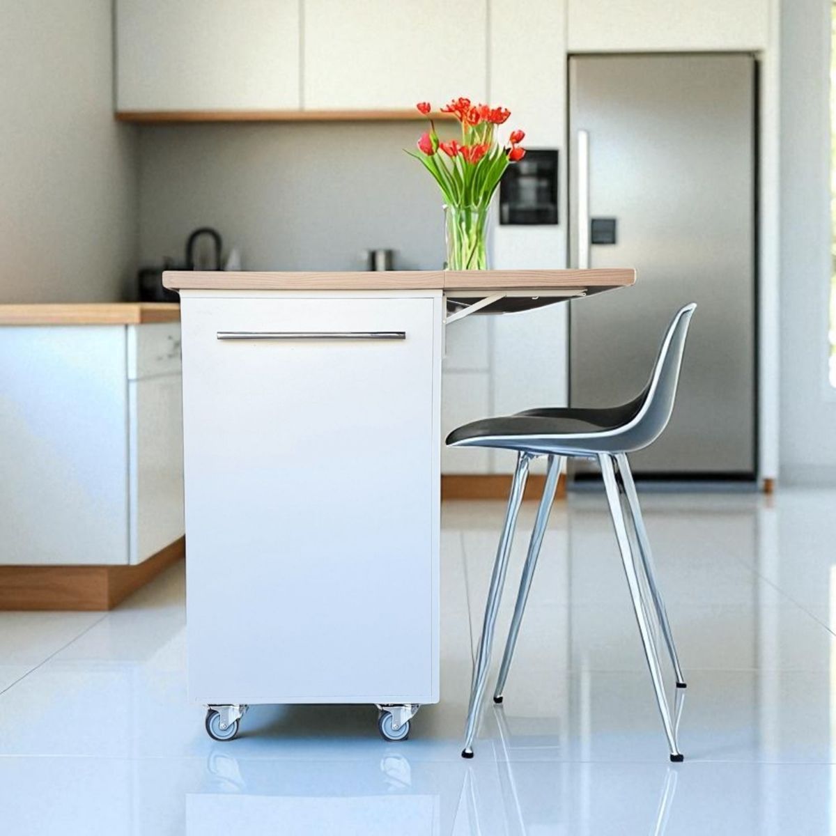 SpaceSave Kitchen Island with Wheels and Fold-Out Table - White Kalahari