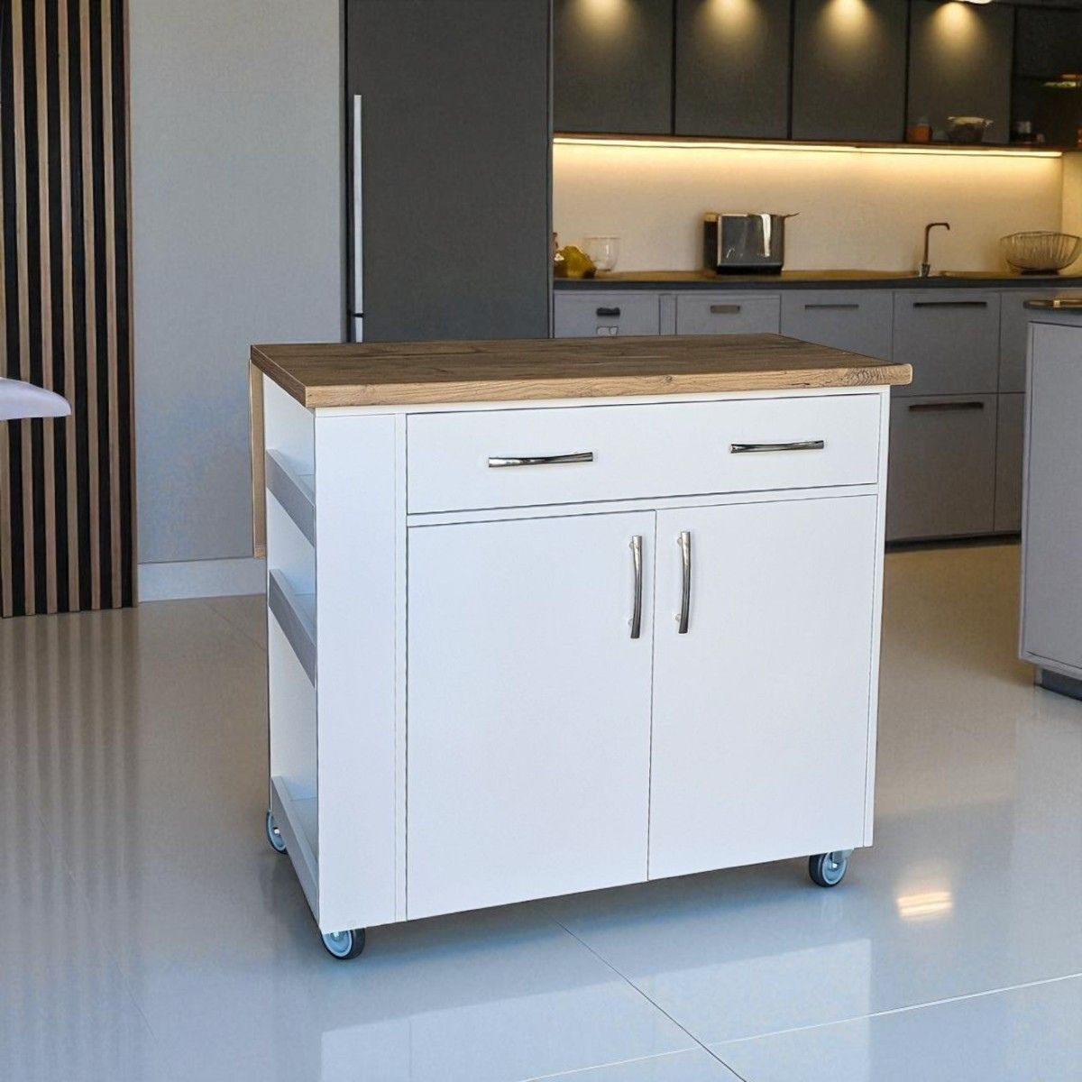 SpaceSave Kitchen Island with Wheels and Fold-Out Table - White Kalahari